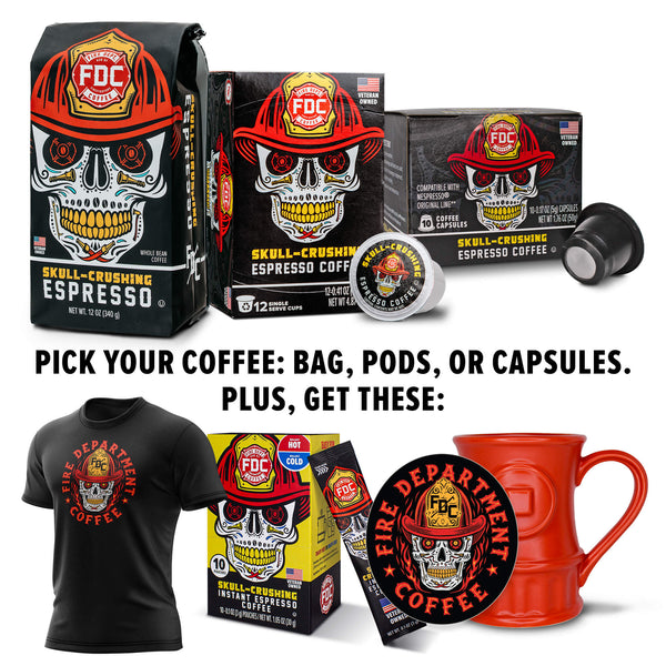 Fire Department Coffee Skull products include coffee bags, pods, capsules, instant coffee, a t-shirt, a mug, and a sticker on a white background.