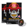 Three black boxes of FDC Skull-Crushing Espresso Coffee with a single coffee capsule shown in front, all featuring a skull wearing a red firefighter helmet on a white background.