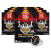 Packages of 'Skull-Crushing Espresso Coffee' with a fire helmet design on a white background.