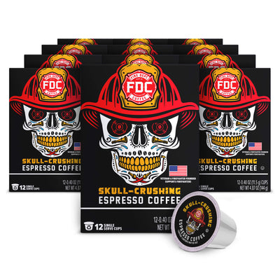 Packages of 'Skull-Crushing Espresso Coffee' with a fire helmet design on a white background.
