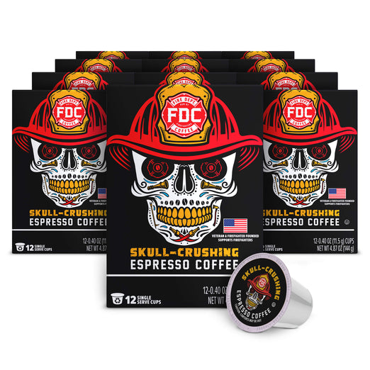 Packages of ’Skull-Crushing Espresso Coffee’ with a fire helmet design on a white background.