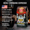 A bag of Skull-Crushing Espresso with bullet points that read, "U.S small business, roasted in the U.S.A, bold and delicious, handcrafted premium espresso, coffee that gives back to firefighters, firefighter and veteran owned" 