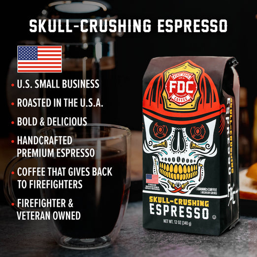 A bag of Skull-Crushing Espresso with bullet points that read, ”U.S small business, roasted in the U.S.A, bold and delicious, handcrafted premium espresso, coffee that gives back to firefighters, firefighter and veteran owned” 