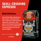 A bag of Skull-Crushing Espresso with bold text that reads, ”Bold and Delicious”, A paragraph under reads, ”Not only will the Skull-Crushing Espresso keep you alert, it will make you feel alive. Crafted from a blend of premium coffee beans, this espresso coffee delivers a full-bodied and mind-blowing flavor in every cup. Your support fuels our mission to give back to sick and injured firefighters.”