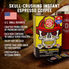 A box of Skull-Crushing Espresso Coffee with bullet points that read "U.S small business, crafted from a blend of premium coffee, each box contains 10 single-serve pouches, enjoy hot or cold, coffee that gives back to firefighters, firefighter and veteran owned".