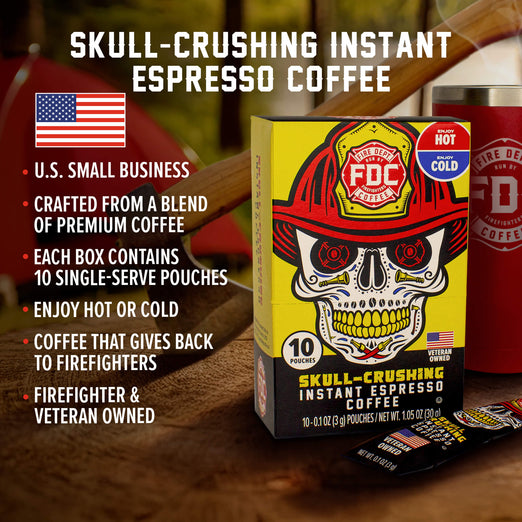 A box of Skull-Crushing Espresso Coffee with bullet points that read ”U.S small business, crafted from a blend of premium coffee, each box contains 10 single-serve pouches, enjoy hot or cold, coffee that gives back to firefighters, firefighter and veteran owned”.