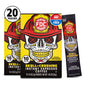 Three packages of FDC Skull-Crushing Instant Espresso Coffee shown on a plain white background: a large yellow-and-black 10-pouch box in the center, a single black coffee pouch to the right, and a white circular badge reading 20 pouches at upper left.