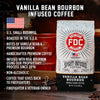 A bag of Vanilla Bean Bourbon Infused Coffee with bullet points that read, "U.S small business, roasted in the U.S.A, notes of vanilla bean and premium bourbon, handcrafted premium coffee, infused with real bourbon using our proprietary process since 2016, non-alcoholic, coffee that gives back to firefighters, firefighter and veteran owned".