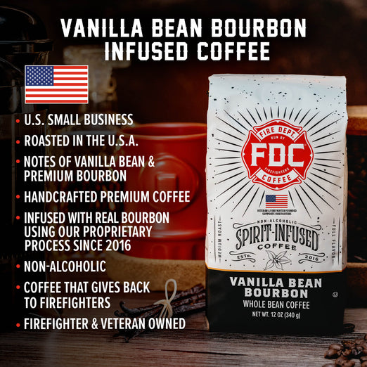 A bag of Vanilla Bean Bourbon Infused Coffee with bullet points that read, ”U.S small business, roasted in the U.S.A, notes of vanilla bean and premium bourbon, handcrafted premium coffee, infused with real bourbon using our proprietary process since 2016, non-alcoholic, coffee that gives back to firefighters, firefighter and veteran owned”.