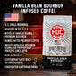A bag of Vanilla Bean Bourbon Infused Coffee with bullet points that read, ”U.S small business, roasted in the U.S.A, notes of vanilla bean and premium bourbon, handcrafted premium coffee, infused with real bourbon using our proprietary process since 2016, non-alcoholic, coffee that gives back to firefighters, firefighter and veteran owned”.