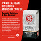 A bag of Vanilla Bean Bourbon Infused Coffee with bold text that reads, ”Smooth, Delicious, and Non-Alcoholic”. A paragraph below reads Vanilla Bean Bourbon Infused Coffee has been impeccably crafted to capture and essence of rich vanilla bean and premium bourbon. It delivers a smooth taste and a pleasant aroma that leaves you wanting more. Your support fuels our mission to give back to sick and injured firefighters.”