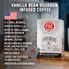 A box of Vanilla Bean Bourbon Infused Coffee Pods. Text reads, "U.S small business, roasted in the U.S.A, notes of vanilla bean and premium bourbon, compatible with 2.0 brewing systems, infused with real bourbon using proprietary process since 2016, non-alcoholic, coffee that gives back to firefighters, firefighter and veteran owned"