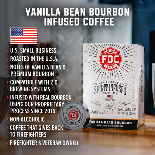 A box of Vanilla Bean Bourbon Infused Coffee Pods. Text reads, ”U.S small business, roasted in the U.S.A, notes of vanilla bean and premium bourbon, compatible with 2.0 brewing systems, infused with real bourbon using proprietary process since 2016, non-alcoholic, coffee that gives back to firefighters, firefighter and veteran owned”