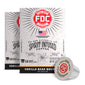 Two boxes of FDC Fire Department Spirit Infused Coffee next to a single vanilla bean coffee capsule on a white background.