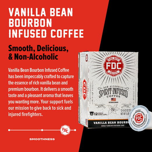 A box of Vanilla Bean Bourbon Infused Coffee Pods, with large text that reads ”Smooth, Delicious, and Non-Alcoholic”. Paragraph under reads ”Vanilla Bean Bourbon Infused Coffee has been impeccably crafted to capture the essence of rich vanilla bean and premium bourbon. It delivers a smooth taste and a pleasant aroma that leaves you wanting more. Your support fuels our mission to give back to sick and injured firefighters. 