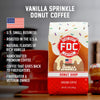 A bag of Vanilla Sprinkle Donut Coffee with bullet points that read, "U.S small business, roasted in the U.S.A, natural flavors of rich vanilla, handcrafted premium coffee, coffee that gives back to firefighters, firefighter and veteran owned".