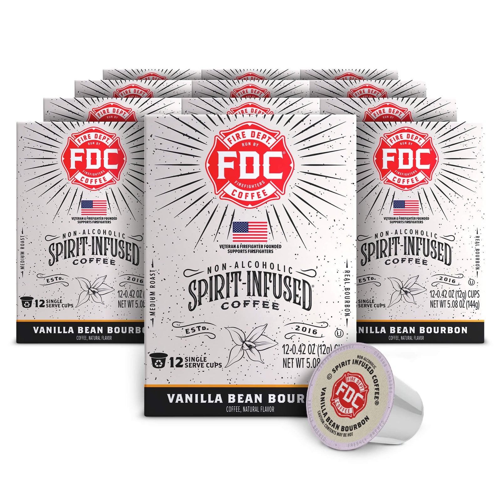 FDC Vanilla Bean Bourbon coffee packaging with a single pod on a white background