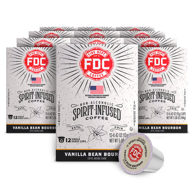 FDC Vanilla Bean Bourbon coffee packaging with a single pod on a white background