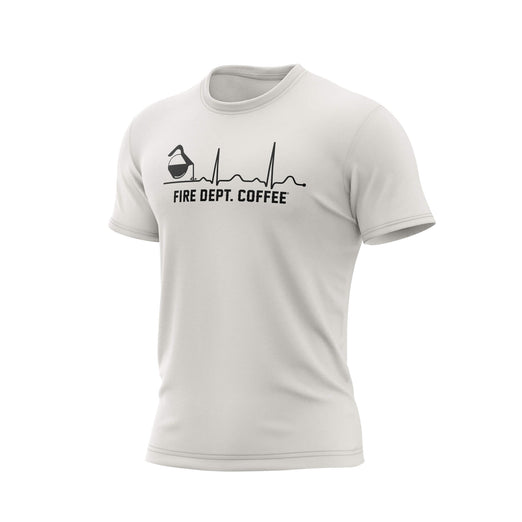 A vintage white Fire Dept. Coffee EKG T-shirt featuring a black graphic of a coffee pot pouring into a heartbeat line with “Fire Dept. Coffee” text underneath, shown on a plain background.