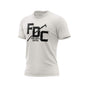 A vintage white Fire Dept. Coffee T-shirt displayed on a white background, featuring a large black FDC logo with a pike pole graphic through the middle and small ‘Fire Dept. Coffee’ text underneath the logo on the front.