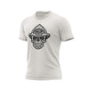 A vintage white t-shirt with a black skull design wearing a fire helmet on a white background