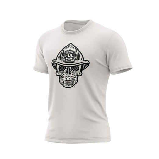 A vintage white t-shirt with a black skull design wearing a fire helmet on a white background