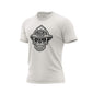 A vintage white t-shirt with a black skull design wearing a fire helmet on a white background
