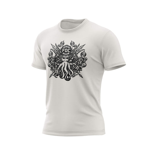 A vintage white Fire Dept. Coffee T-shirt displayed on a white background, featuring a large black Shellback-inspired graphic with an FDC logo and octopus design on the front.