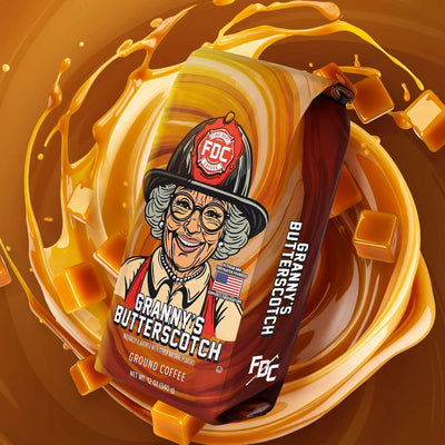 Packaging of Granny's Butterscotch Fire Dept. Coffee with cartoon character on a white background