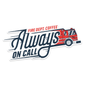 A sticker of a fire truck rushing towards a job with the text ”Fire Dept. Coffee Always On Call” written over it