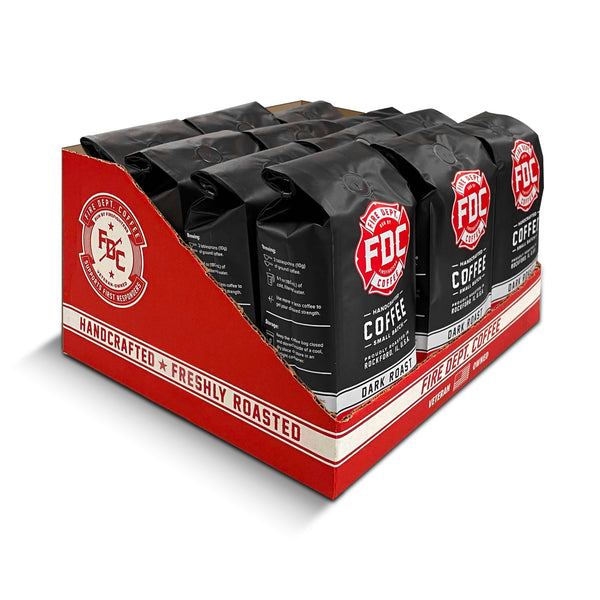 side view of twelve 12 oz bags of Dark Roast in open display box