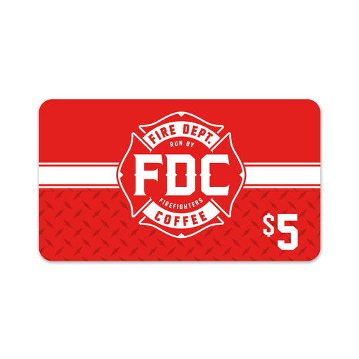 A red $5 Fire Department Coffee gift card.