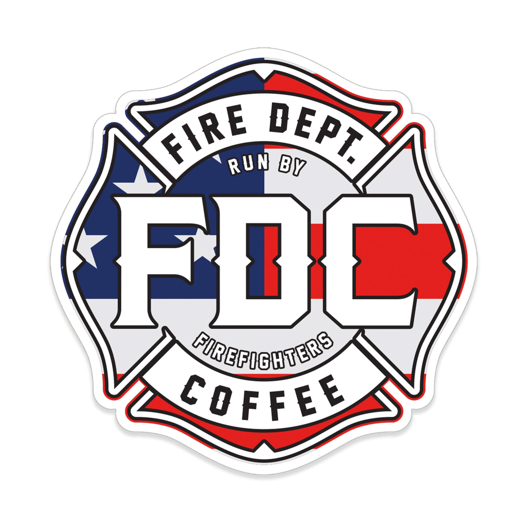 FDC Maltese Cross logo with an American Flag background