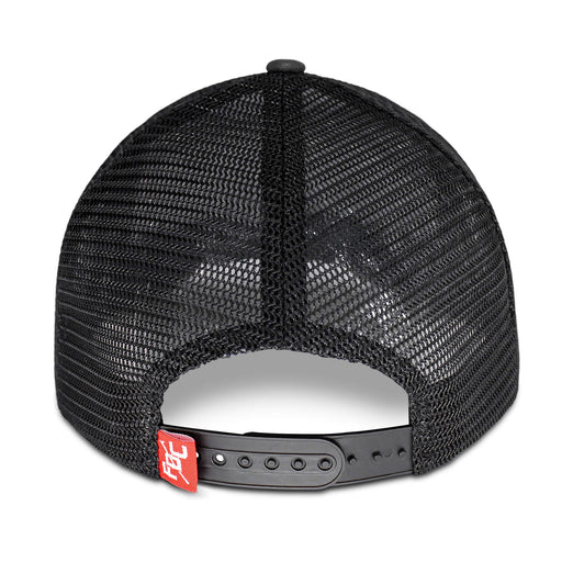 Back view of the mesh side of the FDC black hat with adjustable closure and red FDC pike pole logo tag