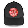 Front view of FDC black hat with the red FDC maltese cross logo on the front