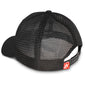 Side view of the back of the FDC black mesh hat with adjustable closure and red FDC pike pole logo tag