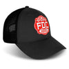 Side view of the front of the FDC black mesh hat with the FDC maltese cross logo on the front