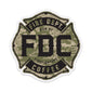 Sticker- Fire Department Coffee Maltese cross with a camouflage background.
