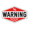 Hexagonal red sticker with FDC pike pole logo at the top and large "WARNING" written across the middle. Under "WARNING" reads "Stay back 500 ft until I've had coffee!"