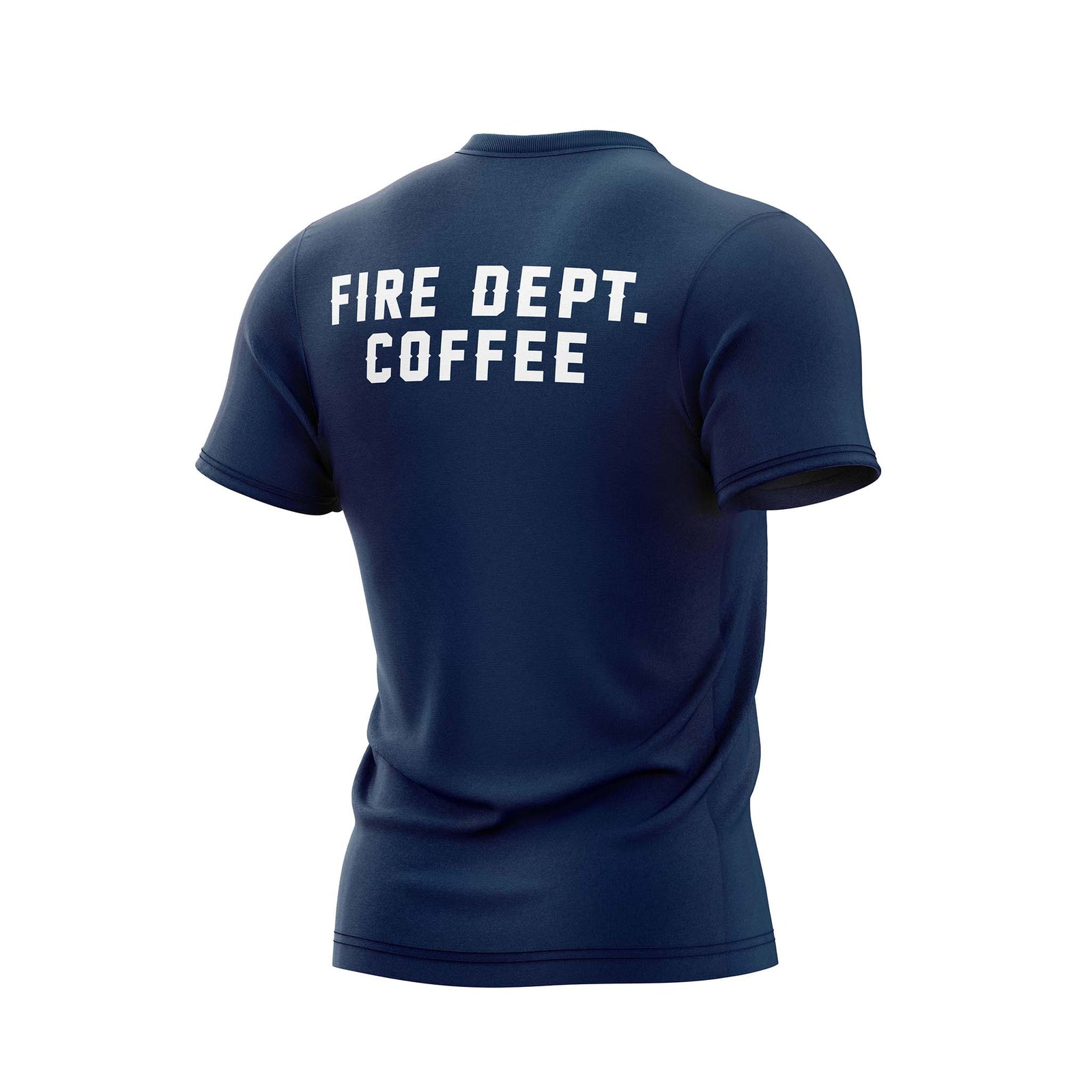 Back of navy shirt with "Fire Dept. Coffee" written in large, white letters across the top of the back.