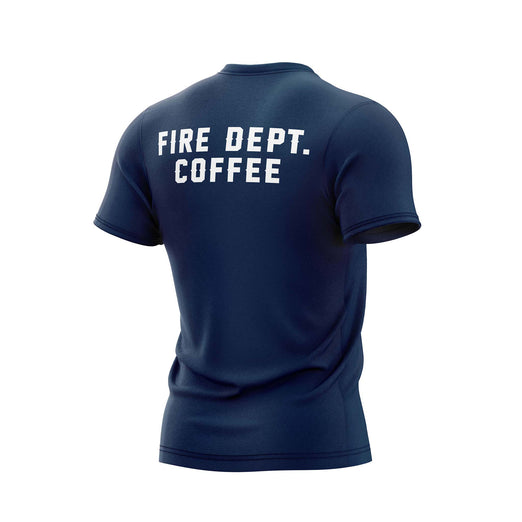 Back of navy shirt with ”Fire Dept. Coffee” written in large, white letters across the top of the back.