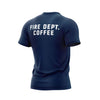 Back of navy shirt with "Fire Dept. Coffee" written in large, white letters across the top of the back.