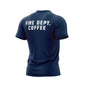 Back of navy shirt with ”Fire Dept. Coffee” written in large, white letters across the top of the back.