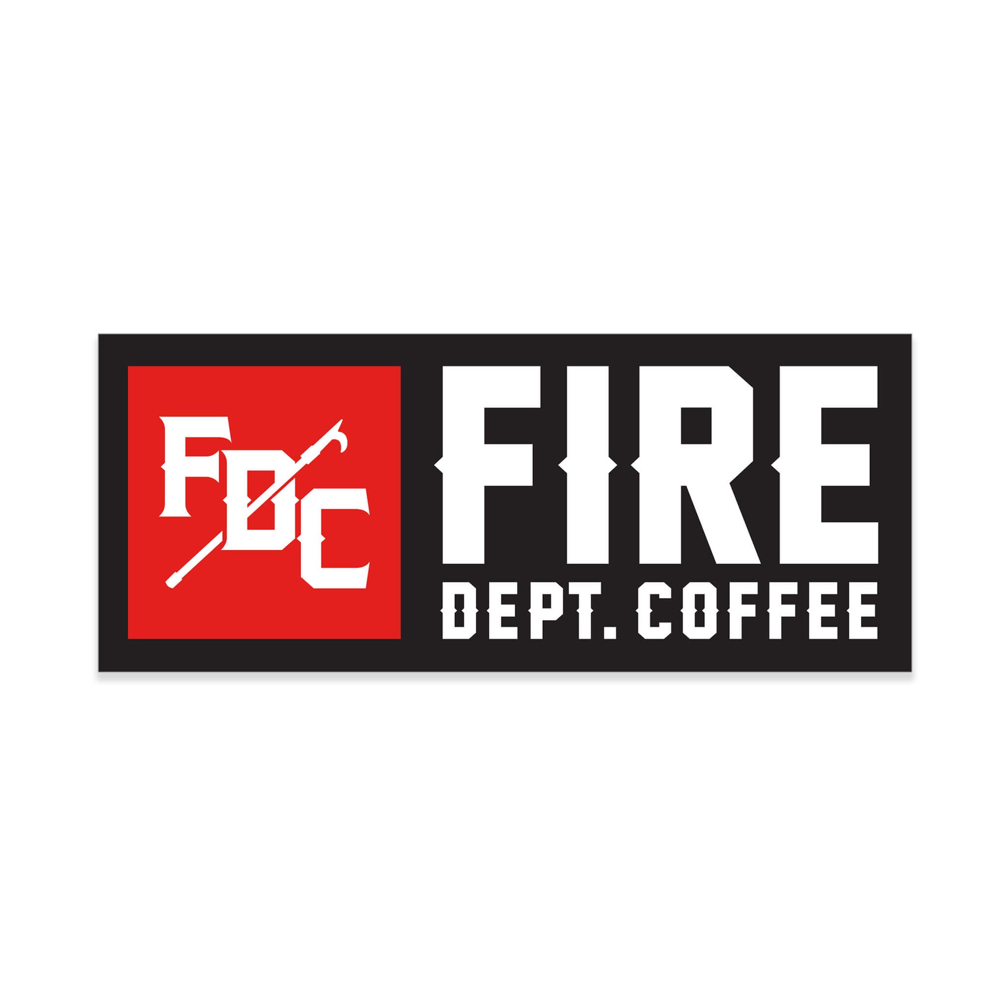 Black rectangular sticker with square, red FDC pike pole logo on the left side and "FIRE Dept. Coffee" in white lettering on the right side.