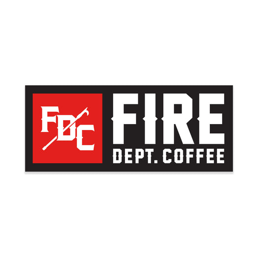 Black rectangular sticker with square, red FDC pike pole logo on the left side and ”FIRE Dept. Coffee” in white lettering on the right side.