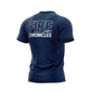 Back of navy shirt with large Fire Dept. Chronicles logo in white.