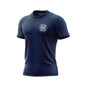 Front of navy shirt with Fire Department Coffee Chronicles logo on the chest in white