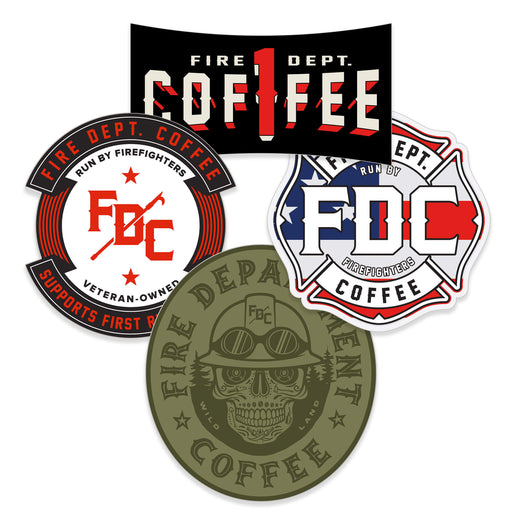A variety 4 pack of Fire Department Coffee firefighter stickers.
