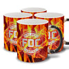 Four mugs with flames on them and a large FDC maltese cross logo centered on the mugs.