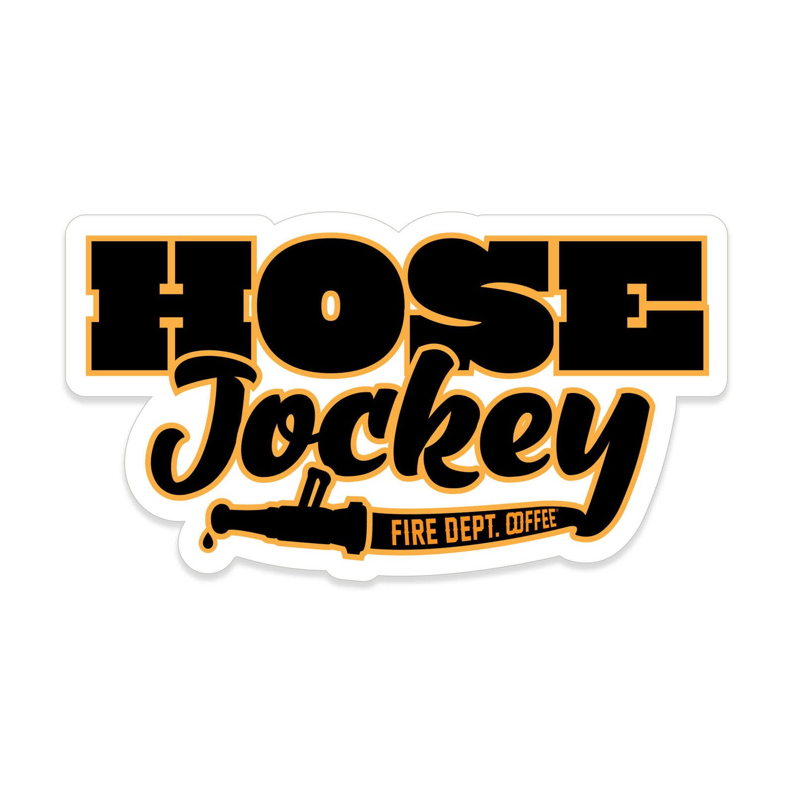 "Hose Jockey" in black and yellow lettering with a hose illustration underneath that says "Fire Dept. Coffee"